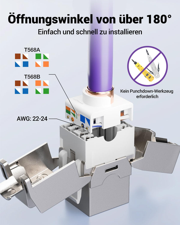 VCELINK 8x CAT7 Keystone RJ45 Modul Buchse, für LAN Kabel 10 Gbit/s bis 600 MHz AWG 22-24 &amp; PoE, Wer