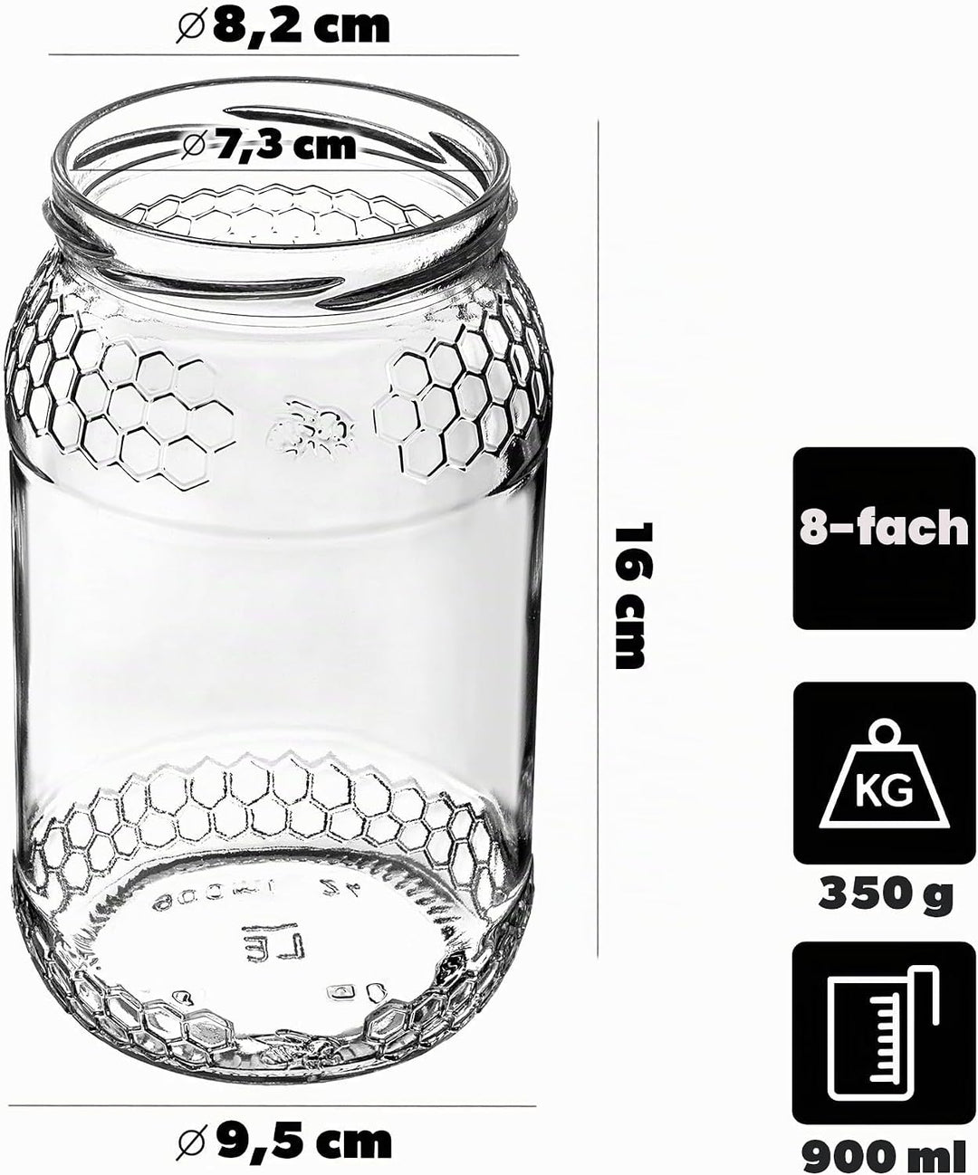 KADAX 8er Set Einmachgläser 900ml TO82 Biene, Grosse Sturzgläser mit Schraubdeckel, Einkochgläser Fe