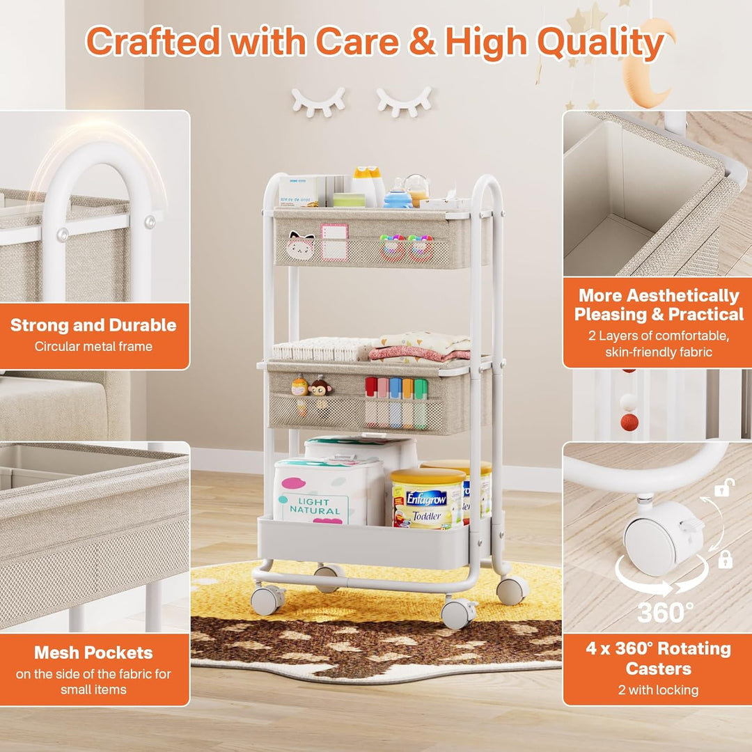 3 Etagen Beweglicher Windeltasche Organizer, Baby Windel Caddy Organizer, Wickeltisch Rollwagen mit