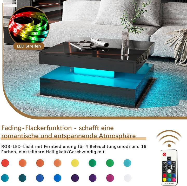 KEEPREAPER Couchtisch Wohnzimmertisch, Sofatisch mit LED Beleuchtung modern für Wohnzimmer, 78 x 78