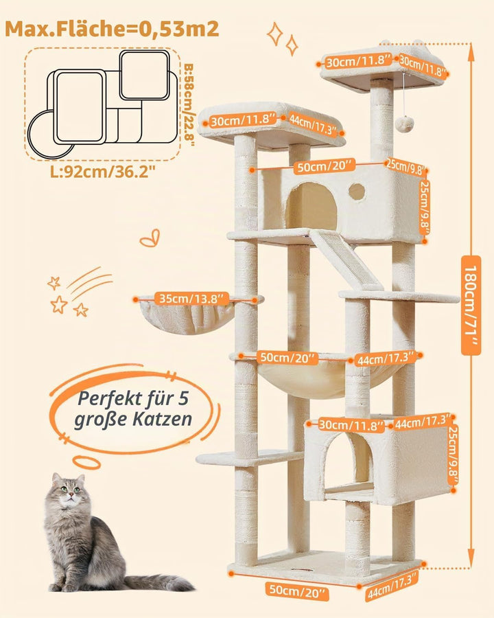 Taoqimiao 180CM Kratzbaum Gross, Katzenbaum Katzen Kratzbaum Grosse Katzen Stabil mit 2 Katzenhaus,