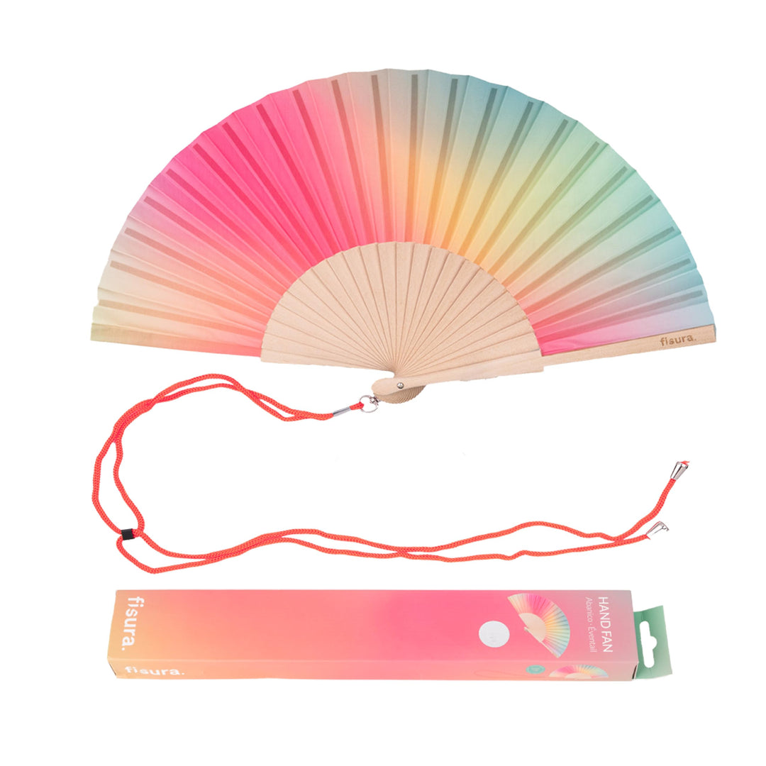 Fisura – Holzfächer mit rosa-grünem Farbverlauf. Moderner, farbenfroher Handventilator mit praktisch