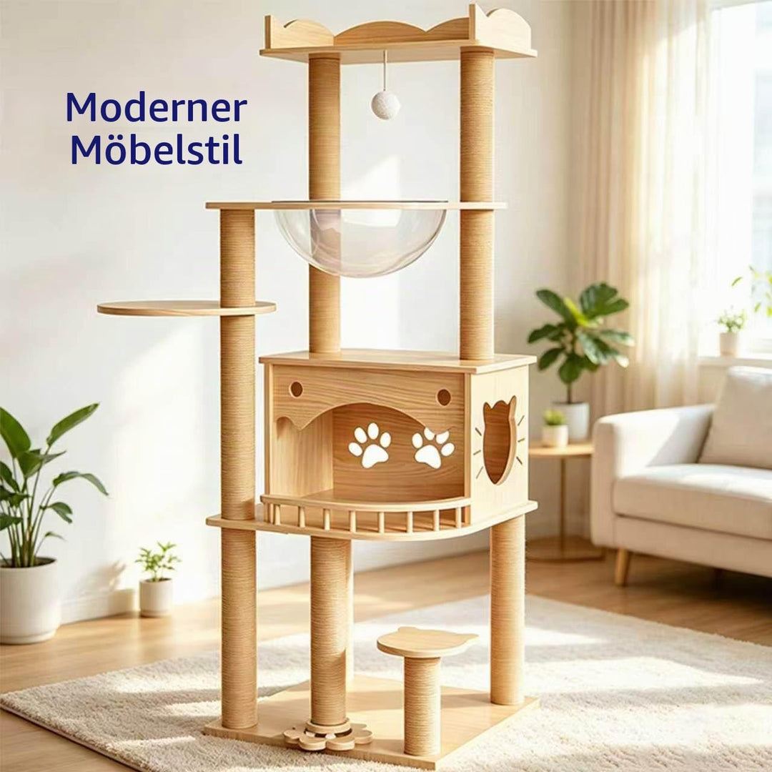 KVIDA Kratzbaum Holz 144 cm für grosse Katzen bis 15 kg, extra Stabiler Katzenbaum Holz, Dicke Massi