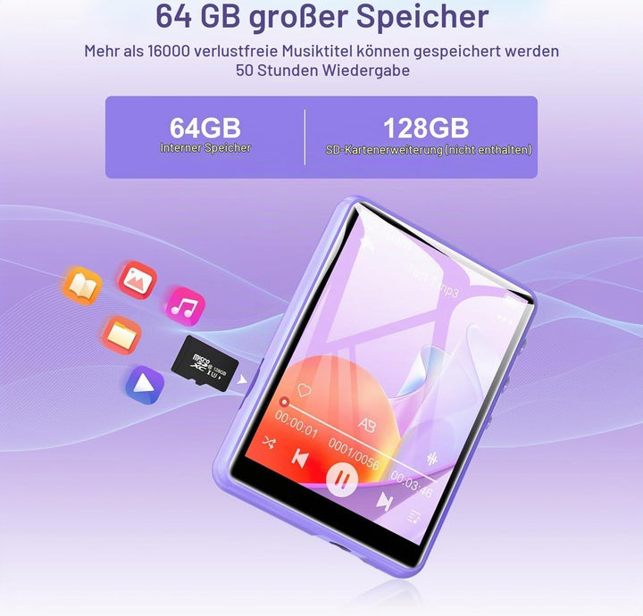 SWOFY MP3 Player Bluetooth 5.3, 64GB HiFi MP3 Player mit Lautsprecher kopfhörer FM Radio Recorder, 2