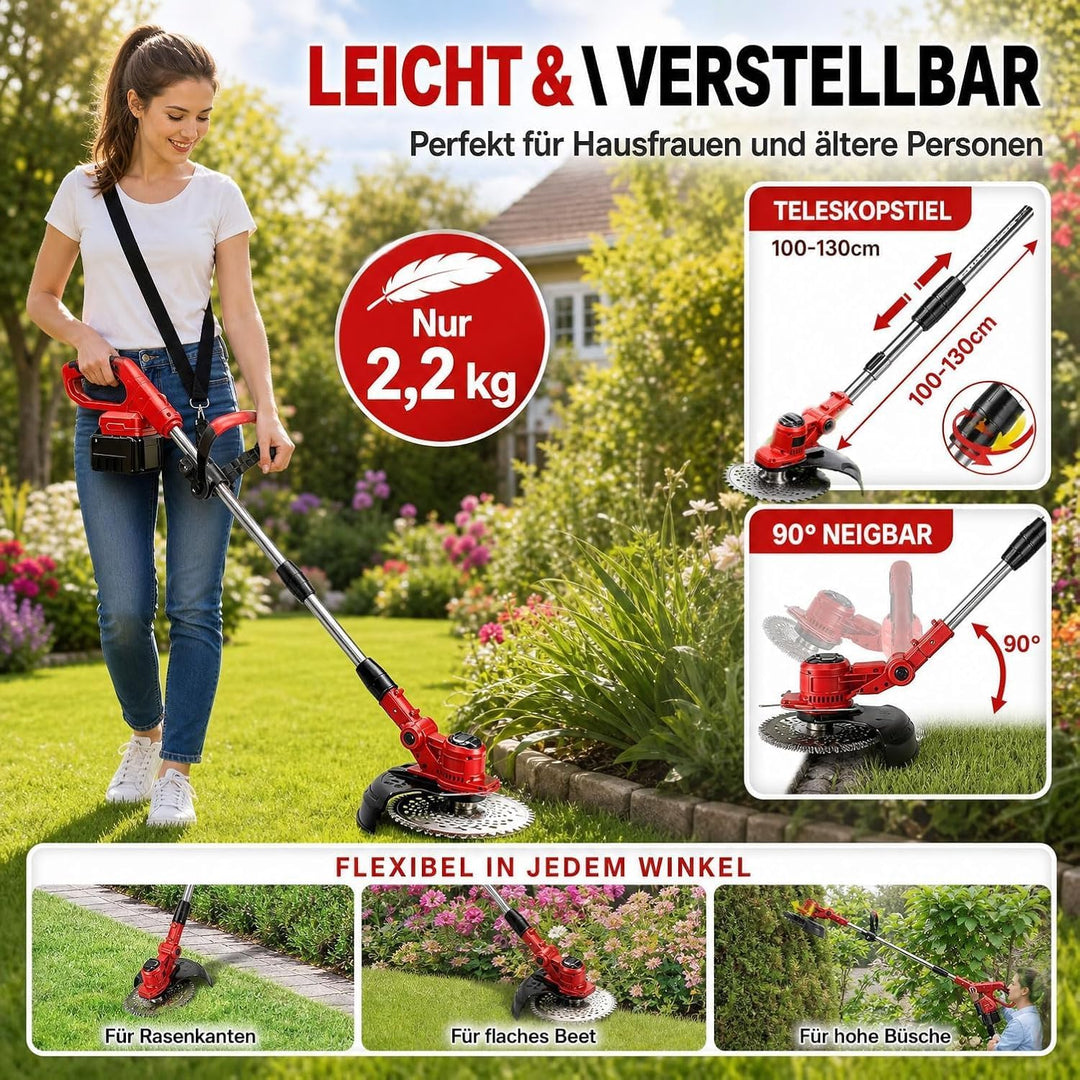 Akku Rasentrimmer mit Unkrautbürste, 21V 4,0Ah 4-in-1, Rot, Rot