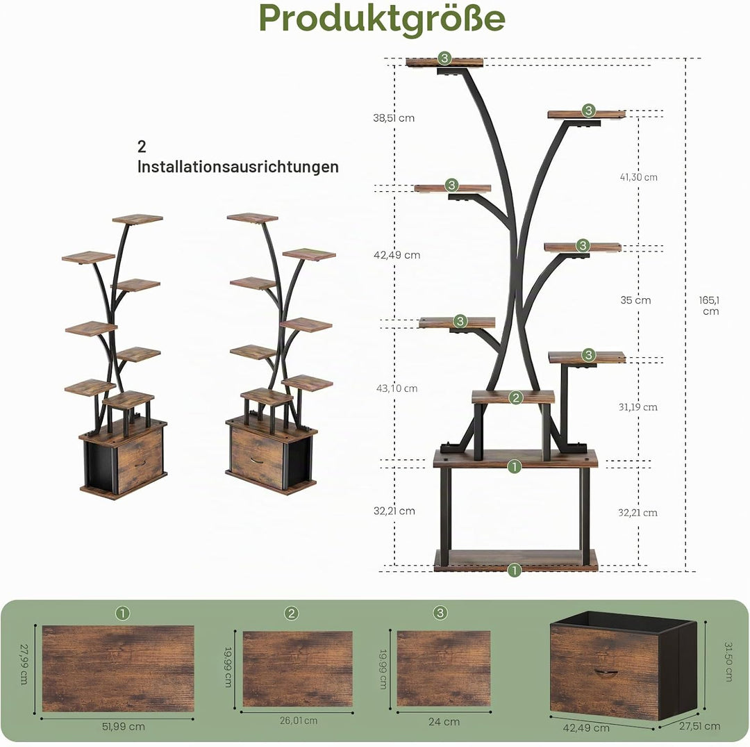 KELHOMECL Pflanzenständer mit Wachstumslicht - 9 Ebenen Blumenständer Metall Holz mit Schublade, 165
