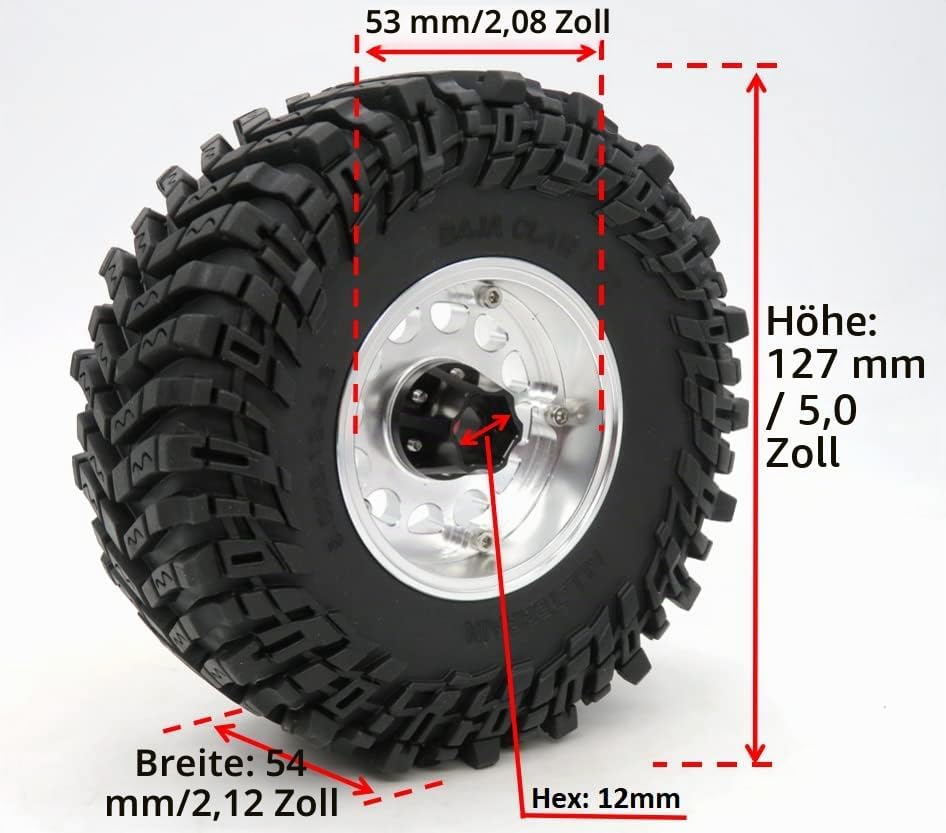 HOBBYSOUL 2.2 Beadlock Räder und Reifen, RC Einstellbare 4 Offsets Silber Felgen und Höhe 5.0&