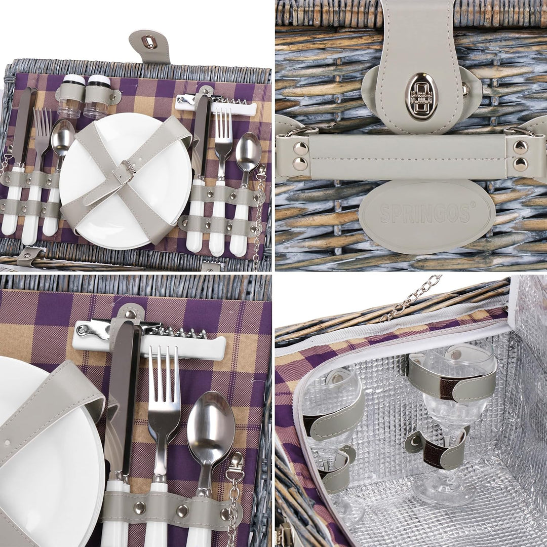 SPRINGOS Weiden - Picknickkorb Thermokorb Picknickkoffer mit Kunstlederhenkel Geschirr Set für 4 Per