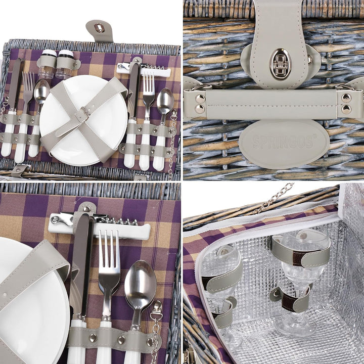 SPRINGOS Weiden - Picknickkorb Thermokorb Picknickkoffer mit Kunstlederhenkel Geschirr Set für 4 Per