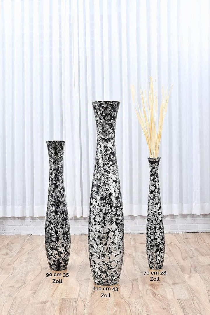 Leewadee Grosse Bodenvase für Dekozweige hohe Standvase Design Holzvase, Holz, 70 cm, Schwarz Silber