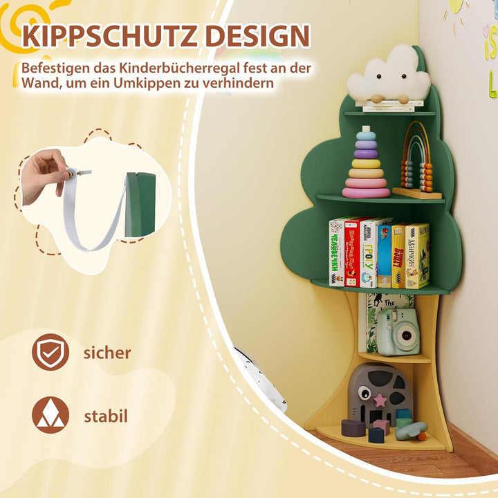 COSTWAY Bücherregal Kinder in Baumform, 5 Ebenen Kinderregal, Spielzeugregal aus Holz, Eckregal für