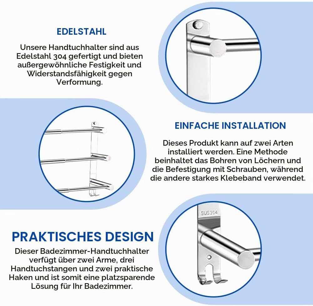 Handtuchhalter Wand Edelstahl 3-Schicht, Ausziehbar 43-76cm, für Bad