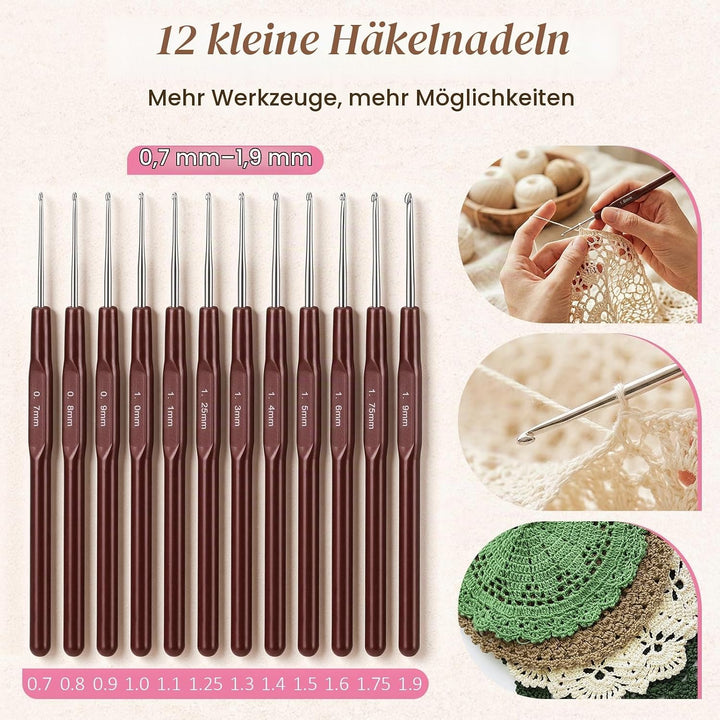 VynyQoo 74 Stück Häkelset für Anfänger mit 17 Garnen, 9 ergonomischen Häkelnadeln 2,0-6,0 mm, 12 fei
