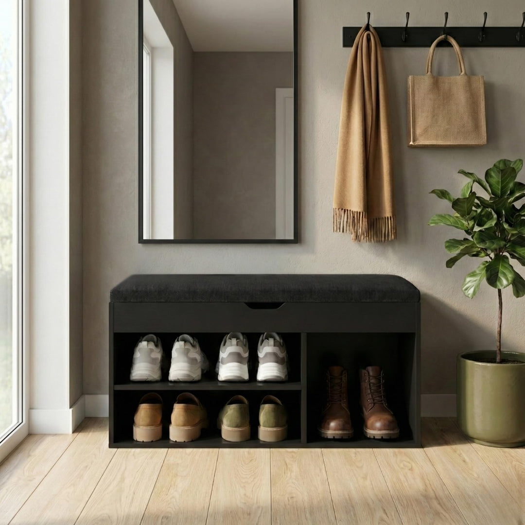 BOXIMO TRIA Schuhschrank mit Sitzbank, MDF und Polyester, 80 x 43 x 30 cm (Schwarz), Schwarz