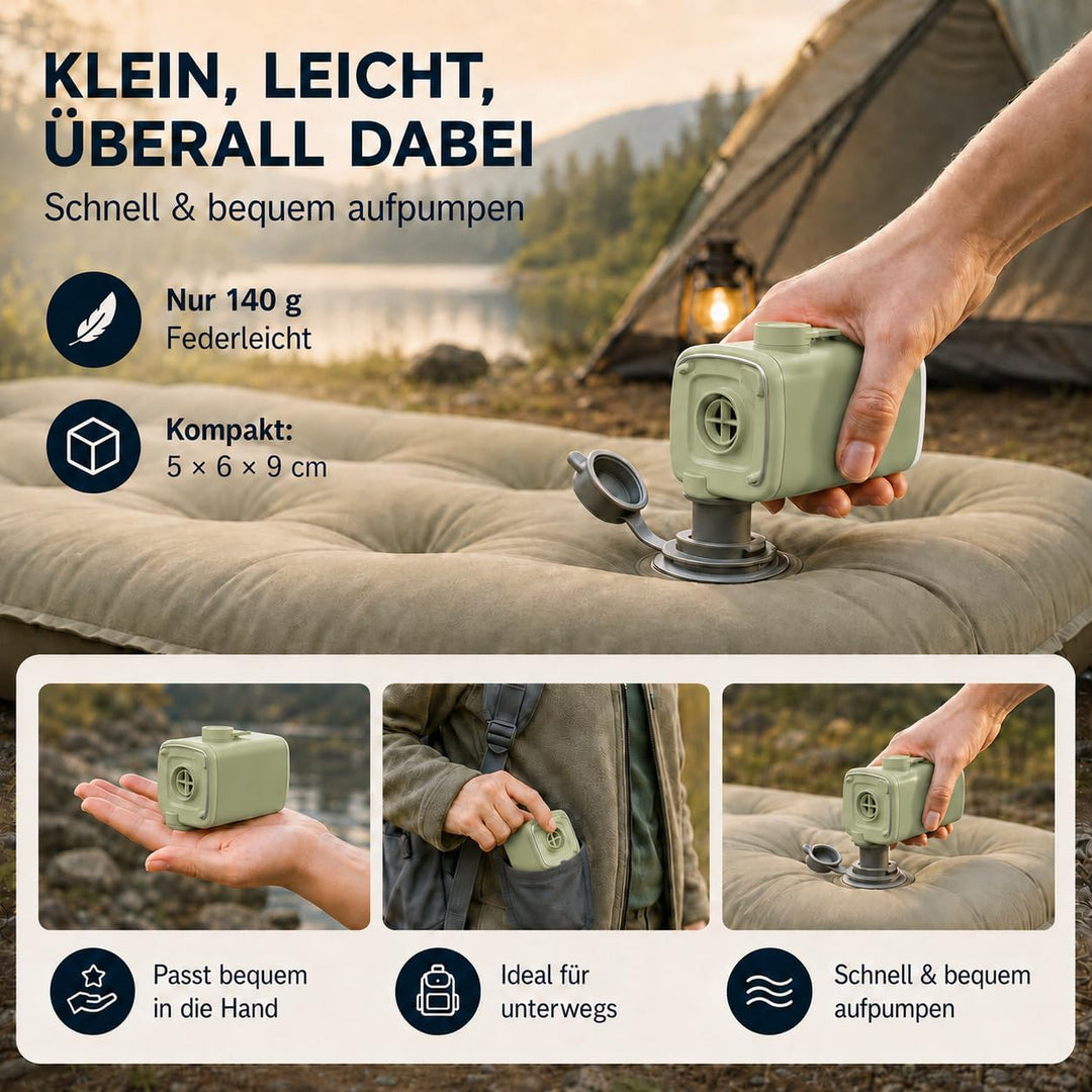 Elektrische Luftpumpe Akku Mini 3 in 1 mit 5 Düsen Grün, Grün