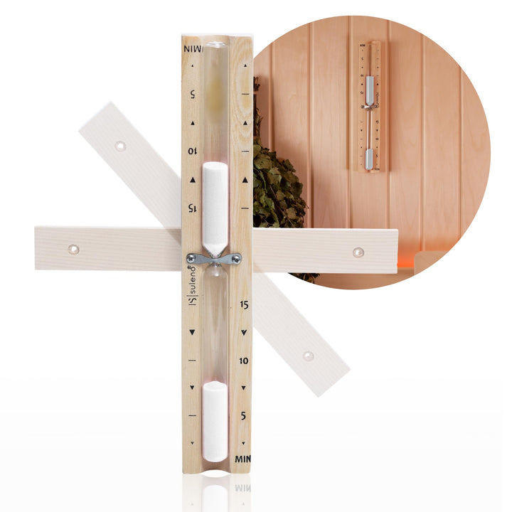 Suleno® Sauna Sanduhr 5-15 Minuten – Hitzebeständiger Zeitmesser aus Holz, Glaszylinder mit weissem