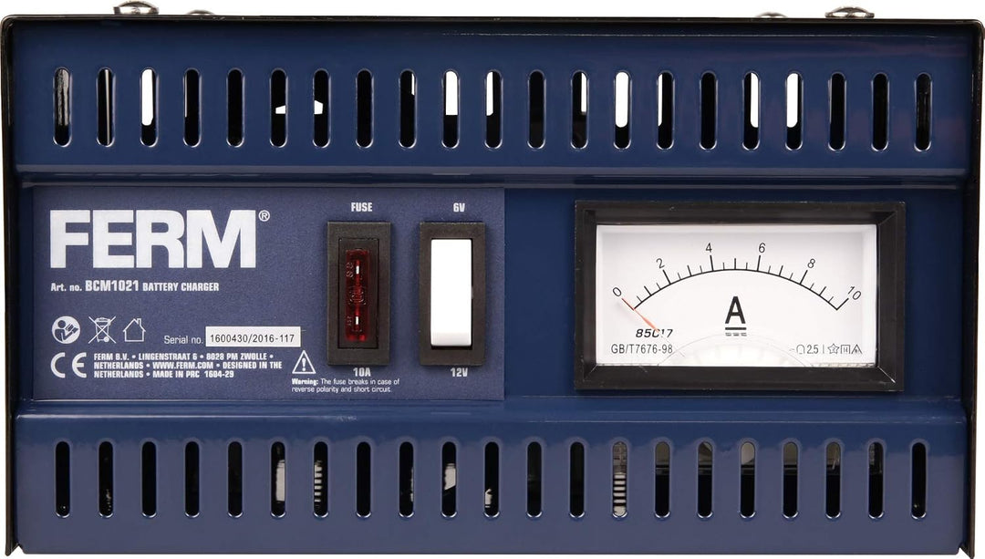 Ferm Batterieladegerät 6/12V - Mit Startfunktion und EIN Set Batteriepolklemmen