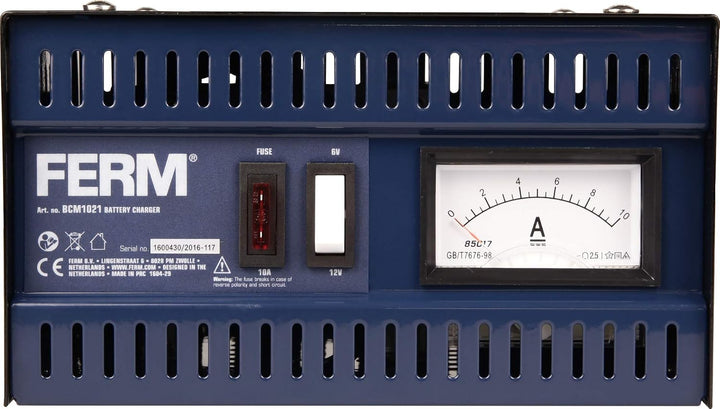 Ferm Batterieladegerät 6/12V - Mit Startfunktion und EIN Set Batteriepolklemmen