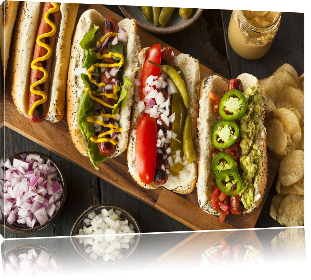 Amerikanische Hotdogs Format: 100x70 auf Leinwand, XXL riesige Bilder fertig gerahmt mit Keilrahmen,