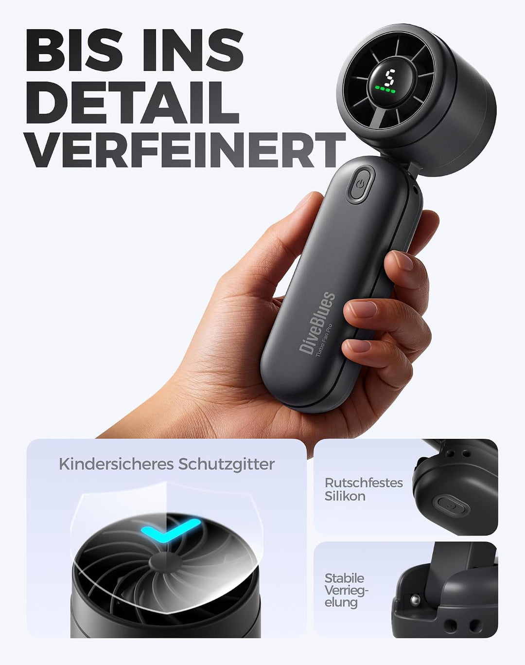 Diveblues 3-in-1 Handventilator Turbo Ventilator mit 4000mAh USB-Akku Aufladbar, 5 Stufen, Faltbar T