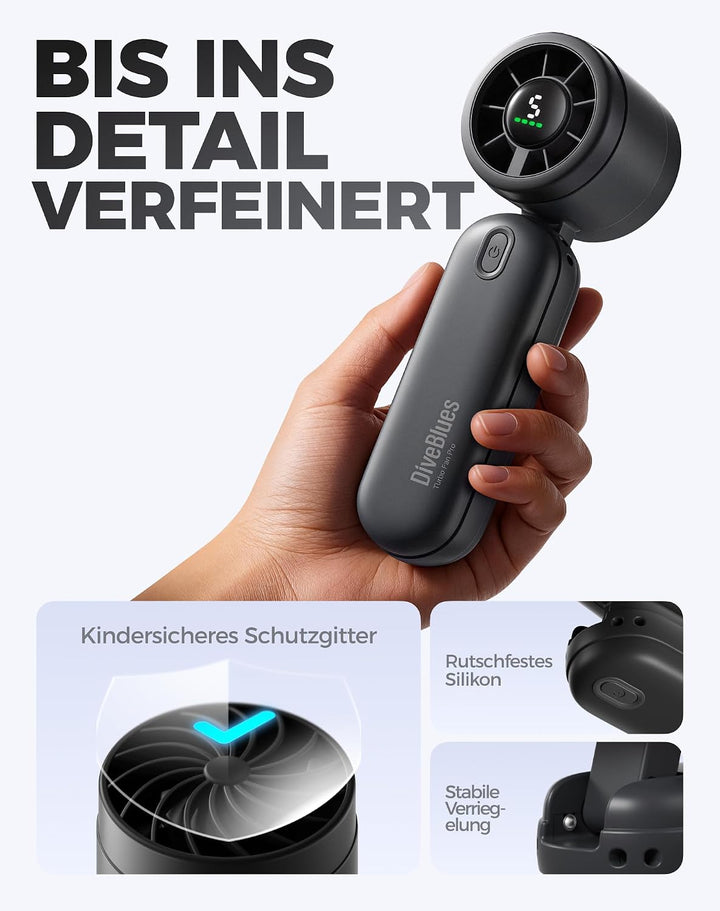 Diveblues 3-in-1 Handventilator Turbo Ventilator mit 4000mAh USB-Akku Aufladbar, 5 Stufen, Faltbar T