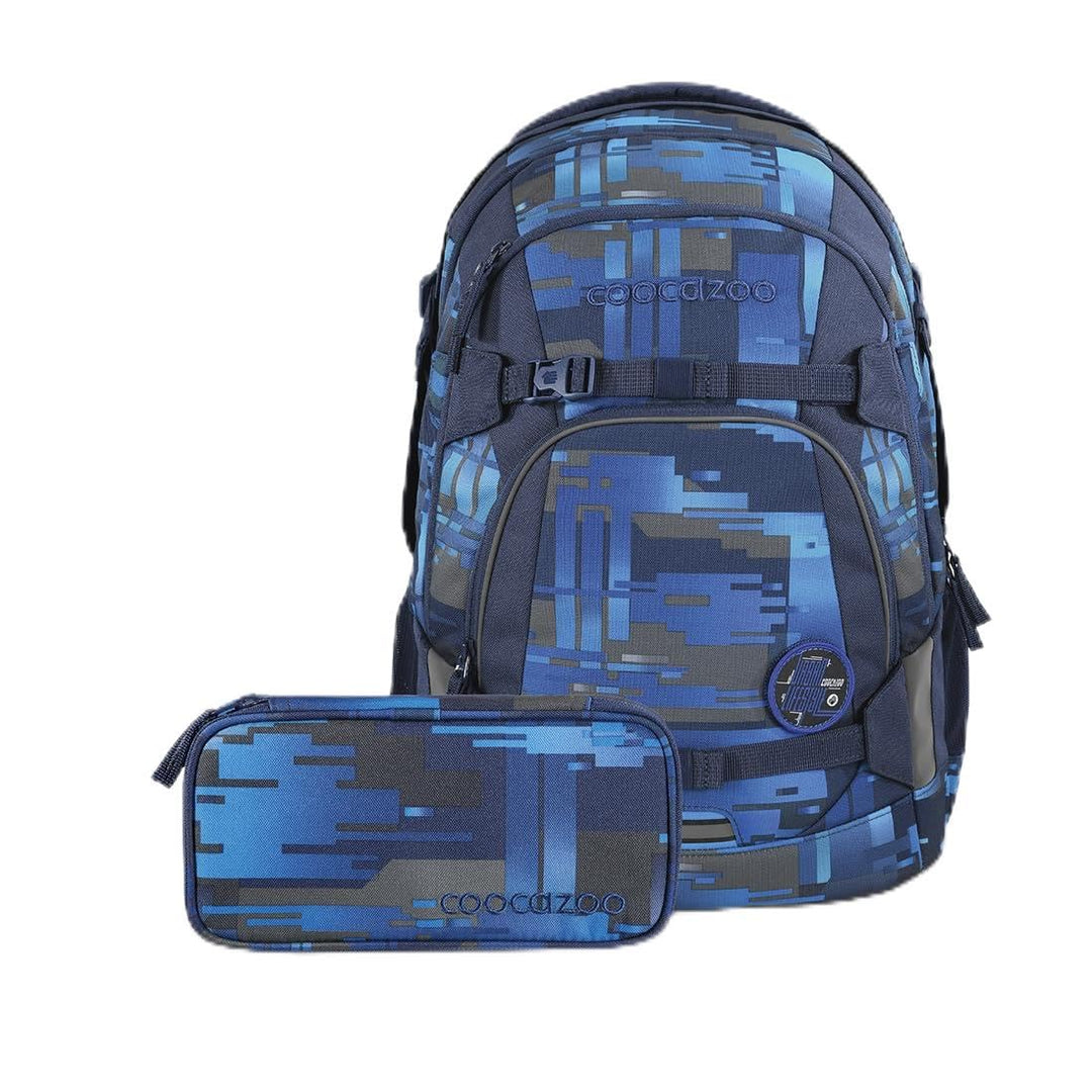 Coocazoo Schulrucksack-Set MATE „Deep Matrix &amp; Snap Me“ 3-teilig, blau, ergonomischer 30L Tornister,