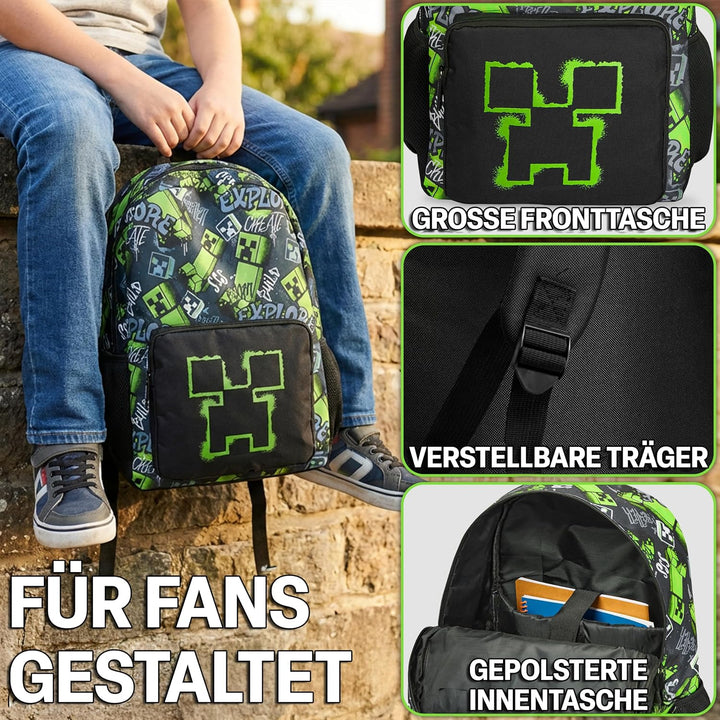 Minecraft Rucksack Kinder Jungen Kinderrucksack Creeper Freizeitrucksack mit Reissverschluss-Fächern