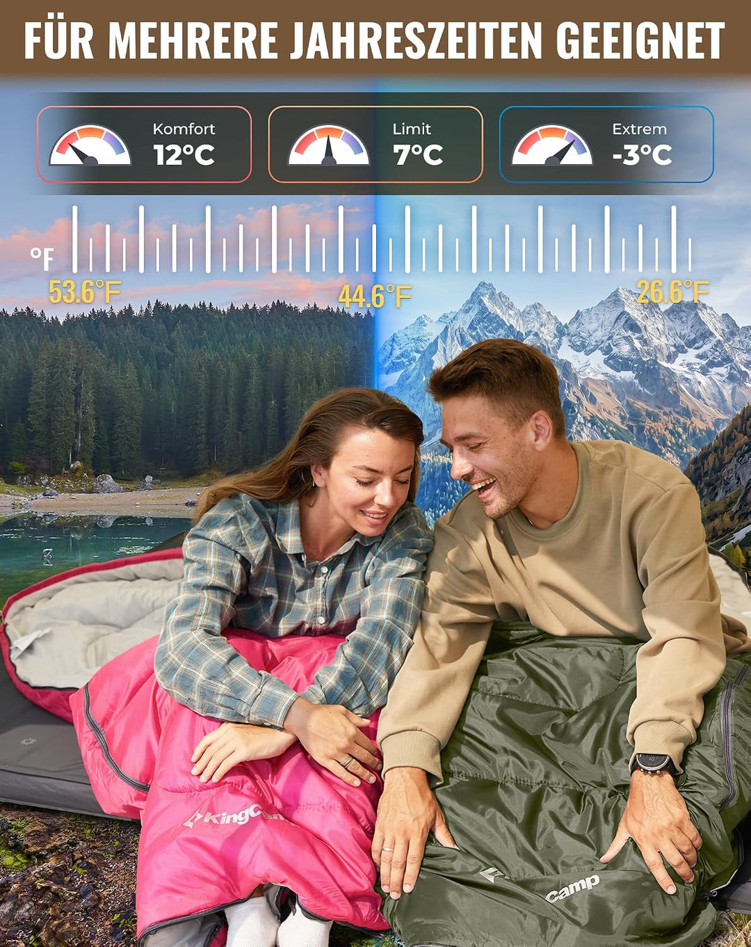 KingCamp Schlafsack für Erwachsene, kaltes Wetter &amp; warm, XL, grosse und hohe Flanell-Schlafsäcke mi