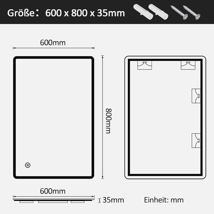 Boromal LED Badezimmerspiegel 80x60cm Badspiegel mit Beleuchtung Badezimmer Wandspiegel 3 Lichtfarbe
