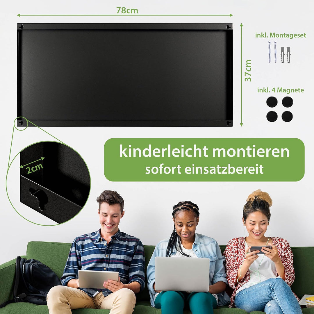 banjado Magnettafel schwarz 78 x 37cm / Magnetwand Metall/Magnetpinnwand als Memoboard/Pinnwand Magn