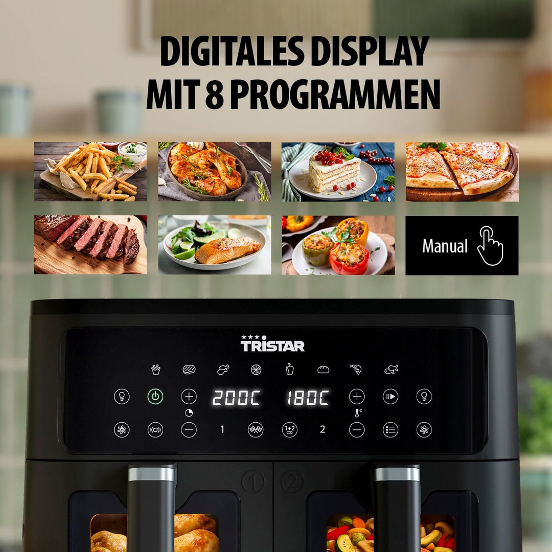 Tristar Doppelkorb-Heissluftfritteuse, 9 L Kapazität, 10 Programme, Sync-Funktion, Digitales Display