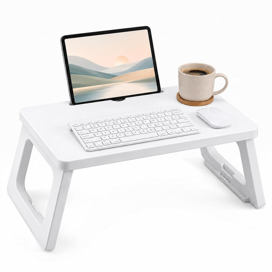 KOMFOTTEU Laptoptisch mit klappbaren Beinen &amp; Tablet-Schlitz, Weiss