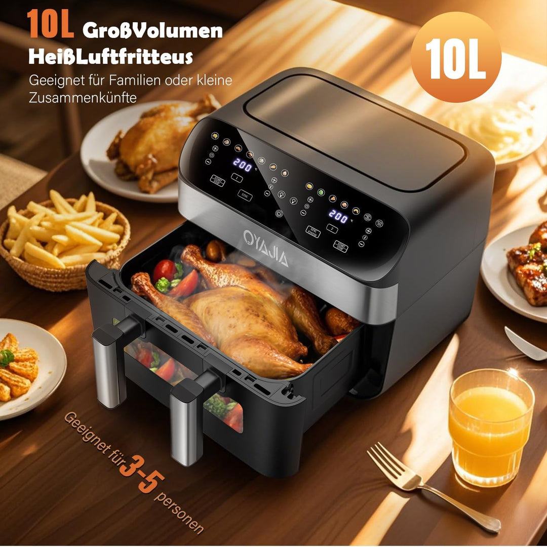 Heissluftfritteuse 2 Kammern Mit Sichtfenster 9L Airfryer 2 Fächer 9-In-1 Touchscreen Antihaftbeschi