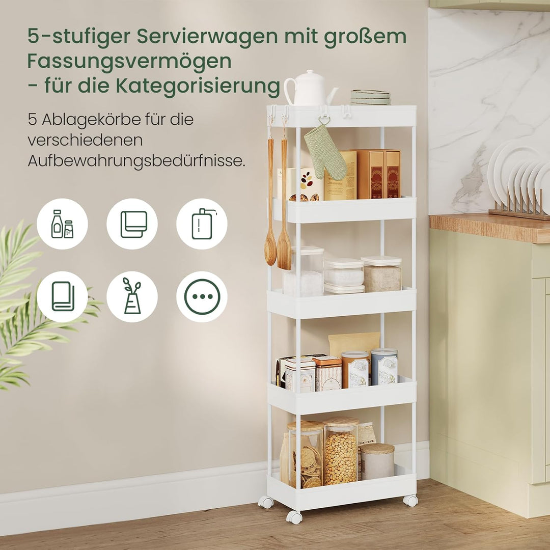 Servierwagen mit 5 Ebenen, Küchenwagen Nischenwagen Nischenregal mit Rollen, durchbrochendem Design,