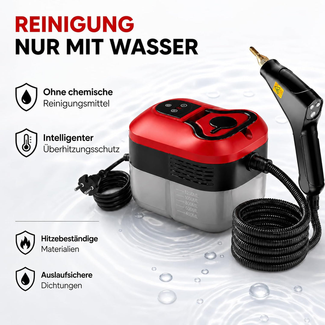 2500W Handdampfreiniger mit Schnellaufheizung in 15 Sekunden und 6 Dampfstufen – tragbarer Hochdruck