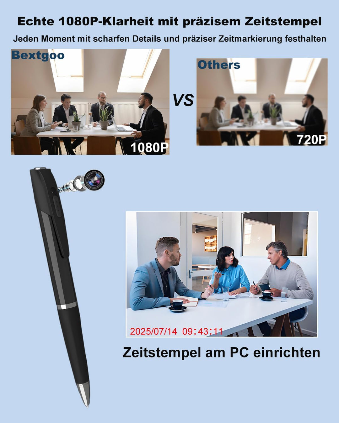 Bextgoo Mini Kamera, 1080P UHD 3-in-1 Mini Überwachungskamera, 32GB Speicherkarte, Tragbar Kugelschr