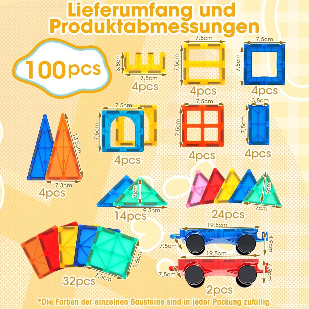 Playpals Magnetische Bausteine 100 Teile mit 2 Autos für Kinder ab 3 Jahren, 100 Teile