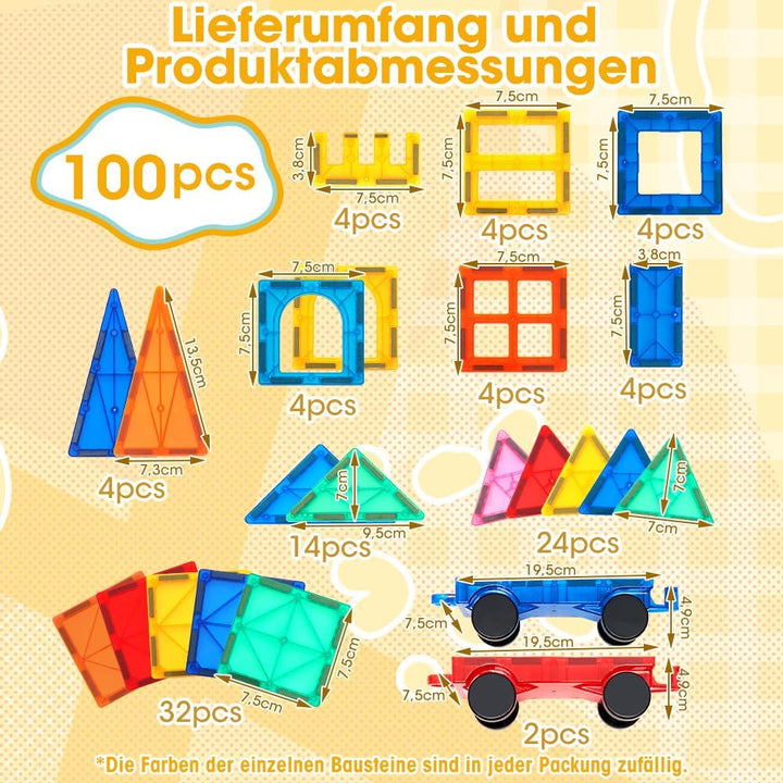 Playpals Magnetische Bausteine 100 Teile mit 2 Autos für Kinder ab 3 Jahren, 100 Teile