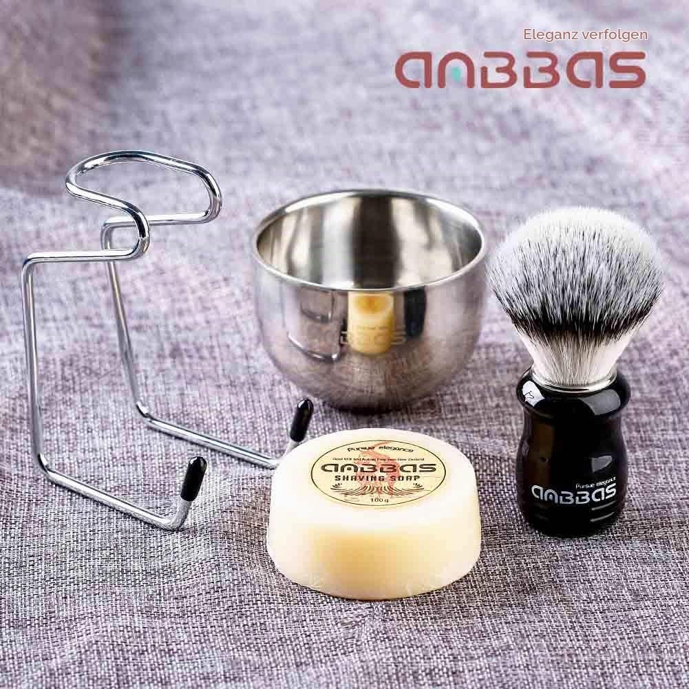 Anbbas Herren Rasierset Geschenk Set 4IN1 Rasierpinsel Kunsthaar Rasierseife Rasierschale und Rasier