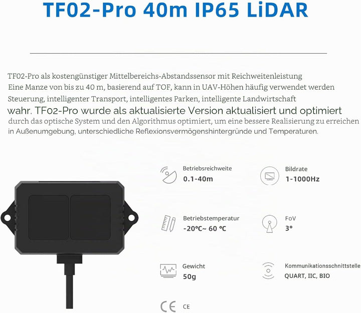 WayPonDEV TF02-Pro Lidar Sensor 40m Single Point Range Finder Module High Frame Rate Rangefinder Sup