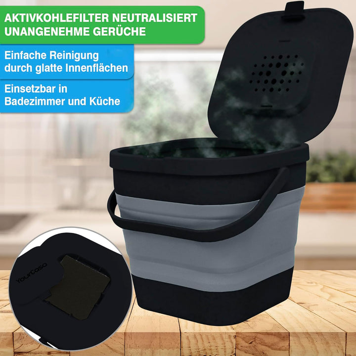 YourCasa® Faltbarer Biomülleimer 4L - kompakter Bio Mülleimer mit geruchsdichtem Aktivkohlefilter-De