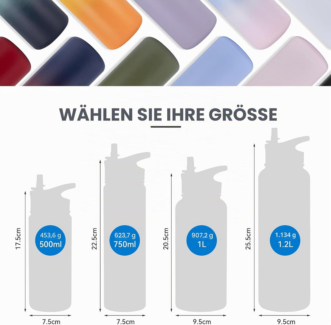Edelstahl Trinkflasche - 500ml - mit Strohhalm,Auslaufsicher,Kohlensäure Geeignet,BPA frei Thermosfl