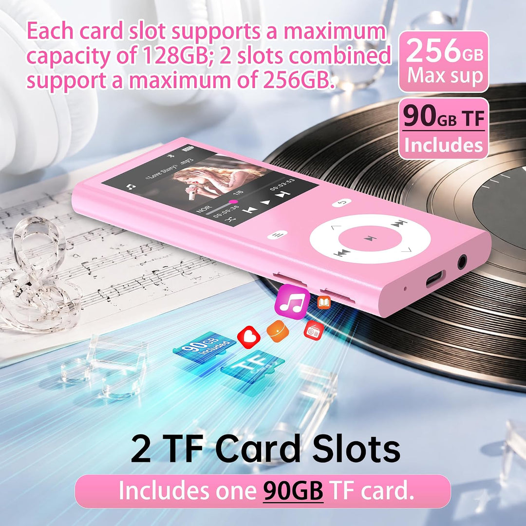 90GB MP3 Player Bluetooth 5.3, Musik Player 2 TF-Kartensteckplätzen Rosa, Rosa