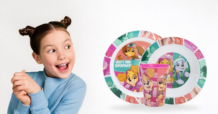 Sorrisini Kindergeschirr set Paw Patrol, Wiederverwendbares Babygeschirr Set, Kinder Essgeschirr, Mi