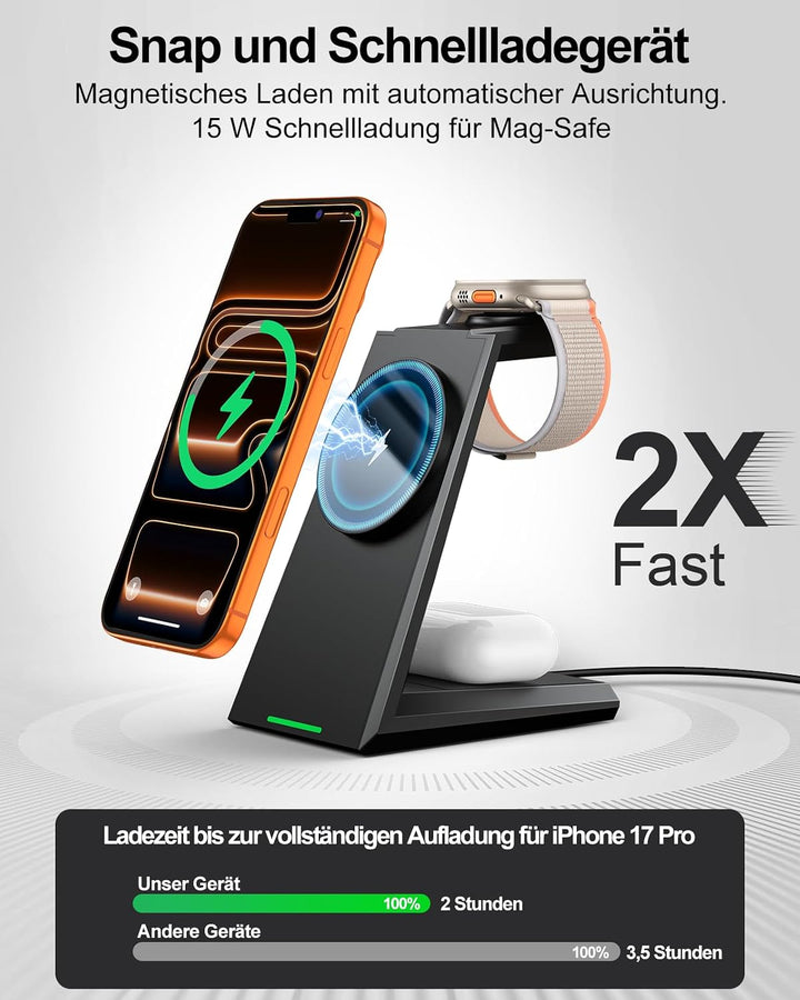 ADADPU 3-in-1 Ladestation, mit MagSafe kompatibel, 30-W-Netzteil, Schwarz, Schwarz