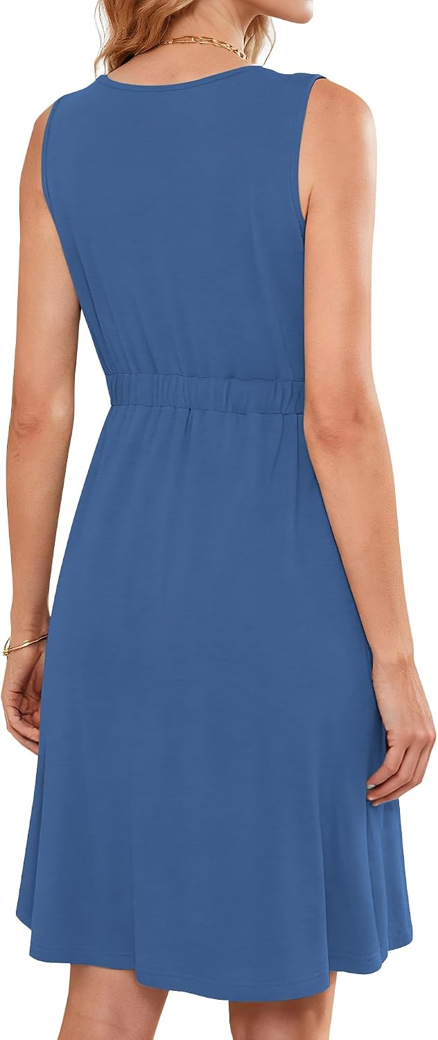 AUSELILY Sommerkleid Damen Ärmellos V-Ausschnitt Minikeid Casual Button Down Strandkleid mit Taschen
