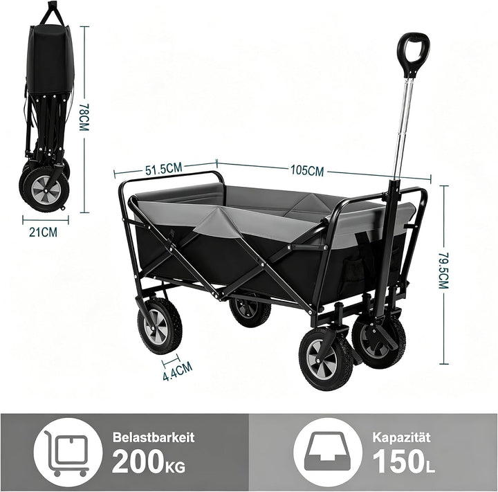 EUGAD Bollerwagen faltbar, 100 L Transportwagen mit verstellbarem Griff, tragbarer Strandwagen mit S