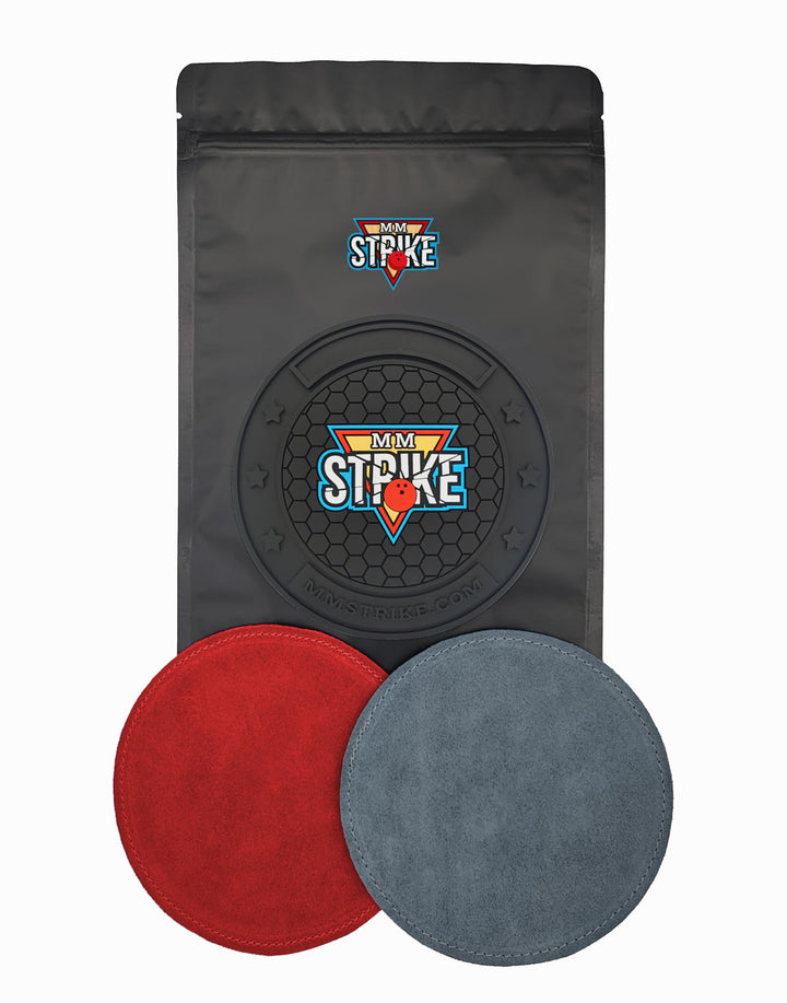 MMSTRIKE 2x Bowling Shammy Leather Pad+Black GripFlex Rubber Base Disc-Hook &amp; Loop System.Oil Remova