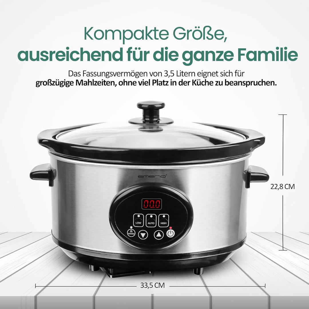 EMERIO Schongarer - Slow Cooker | 3,5L Innentopf aus Keramik (entnehmbar) | 3 Temperaturstufen | Dis