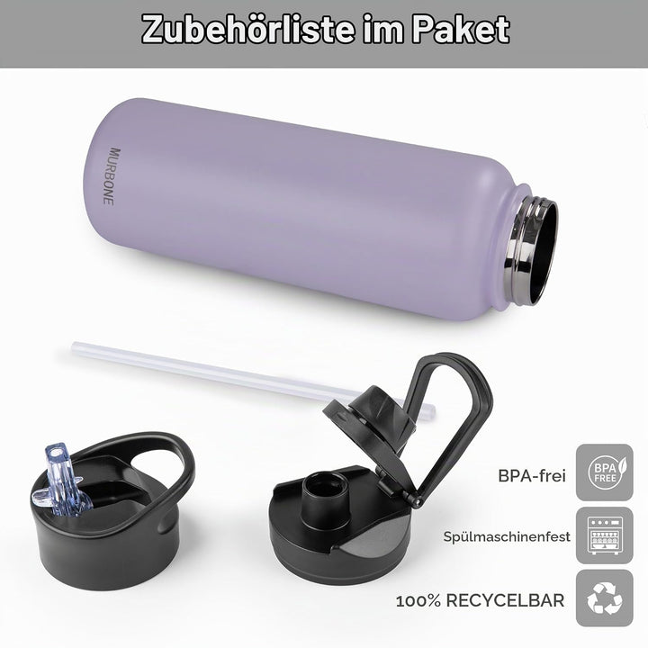 Edelstahl Trinkflasche 1.2L (+2 Deckel)-mit Strohhalm,BPA frei,Thermosflasche Auslaufsicher,Kohlensä